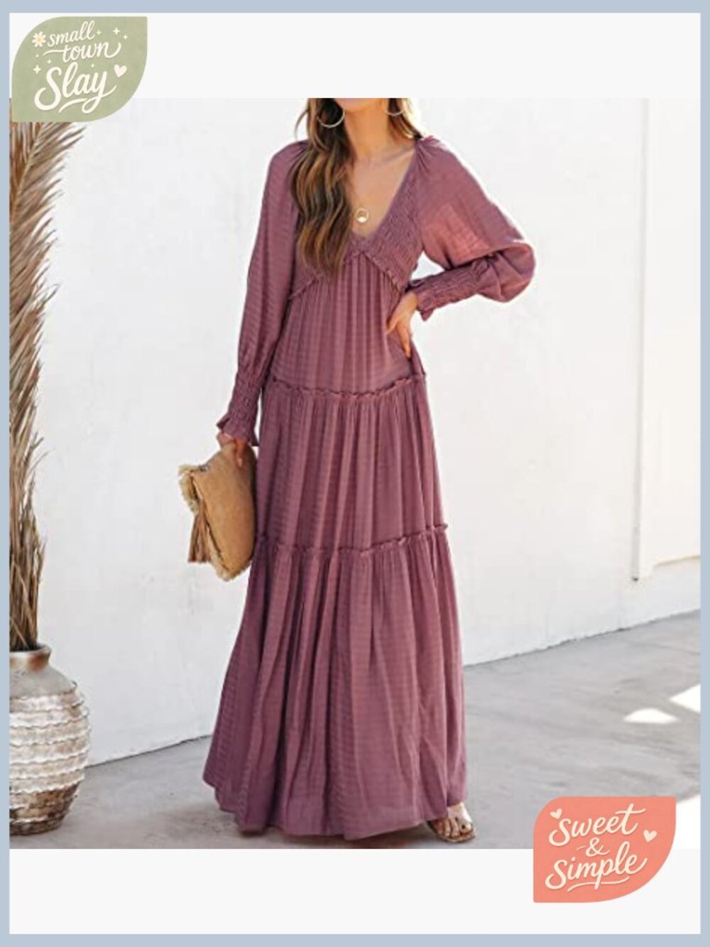Flowy Maxi Dress Long Sleeve V Neck Empire Waist Ruffle Boho Casual - Picture 5 of 7